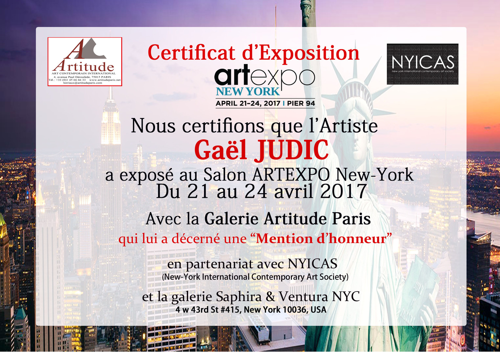 Mention d' honneur à ARTexpo New York 2017